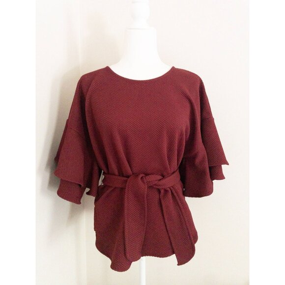 Eva Franco Burgundy Textured Knit Top With Belted Waist & Tiered Ruffle Sleeves - Picture 1 of 12